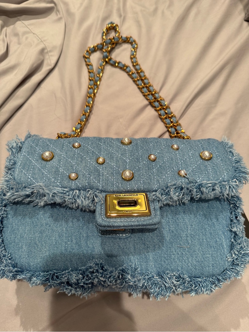 STUNNING NWT Karl Lagerfeld Light Blue Denim Pearl-Stud Shoulder/Crossbodt Bag
